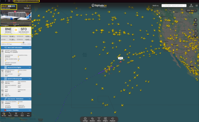 FlightRadar24 live map showing United Airlines flight UA97 from Brisbane to San Francisco with real-world route and traffic