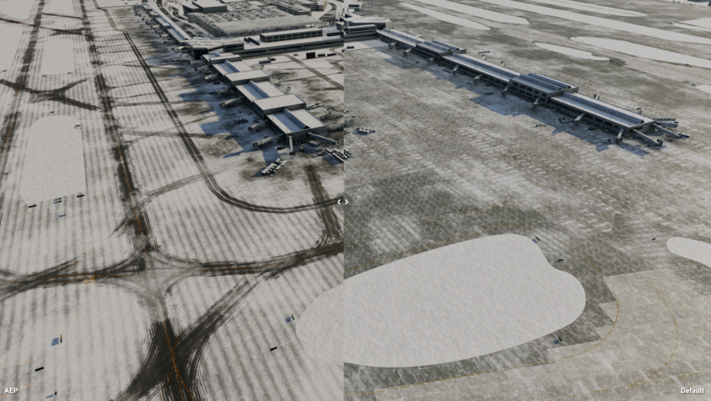 Snow system comparison showing realistic accumulation in Airport Enhancement Package for X-Plane
