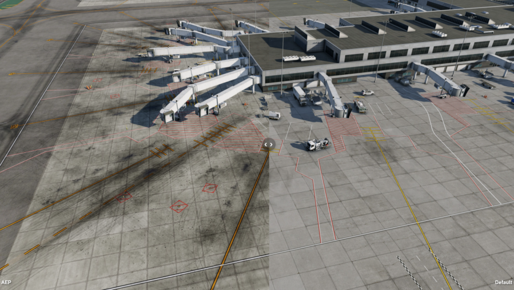 Airport apron with enhanced markings and ground detail in Airport Enhancement Package for X-Plane 12
