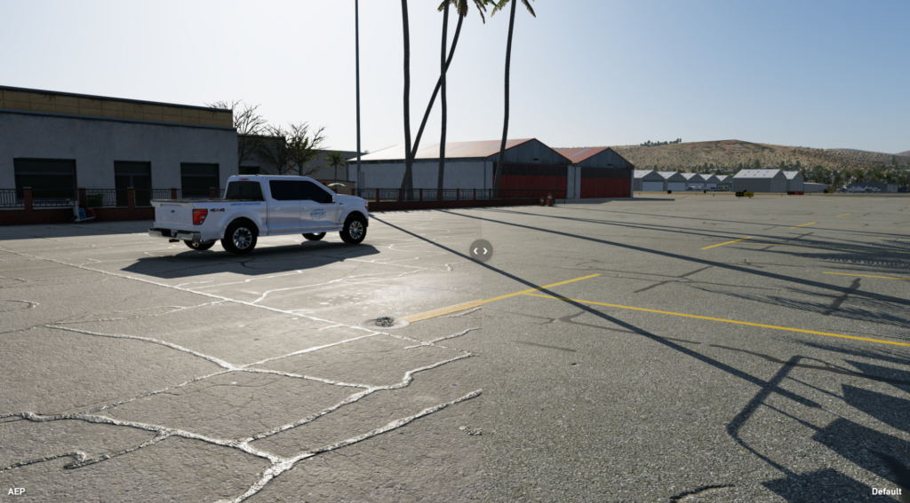 Comparison of default vs enhanced ground textures in Airport Enhancement Package for X-Plane
