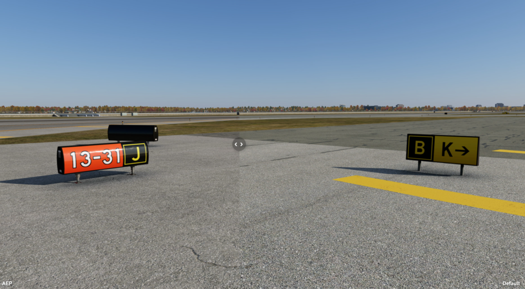 Real-time generated taxiway signs compared to default signage in Airport Enhancement Package for X-Plane