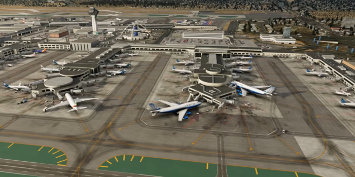KLAX airport enhanced with Airport Enhancement Package showing realistic textures and airport detail in X-Plane 12