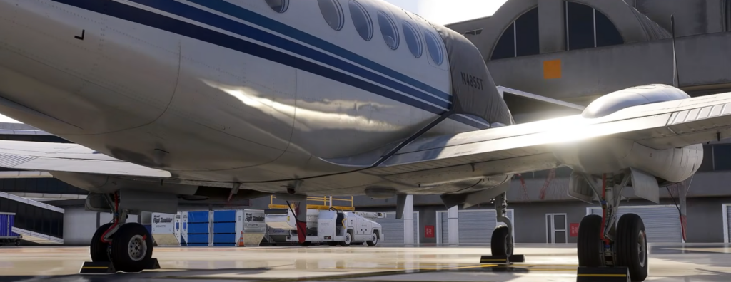 Carenado B200 for MSFS 2024 detailed landing gear and fuselage view on the ground