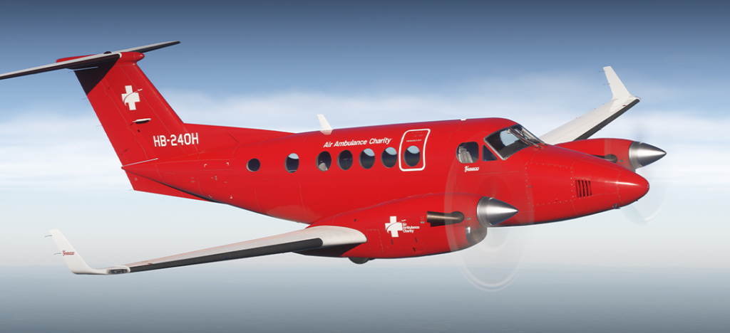 Carenado B200 medevac livery in flight for Microsoft Flight Simulator 2024