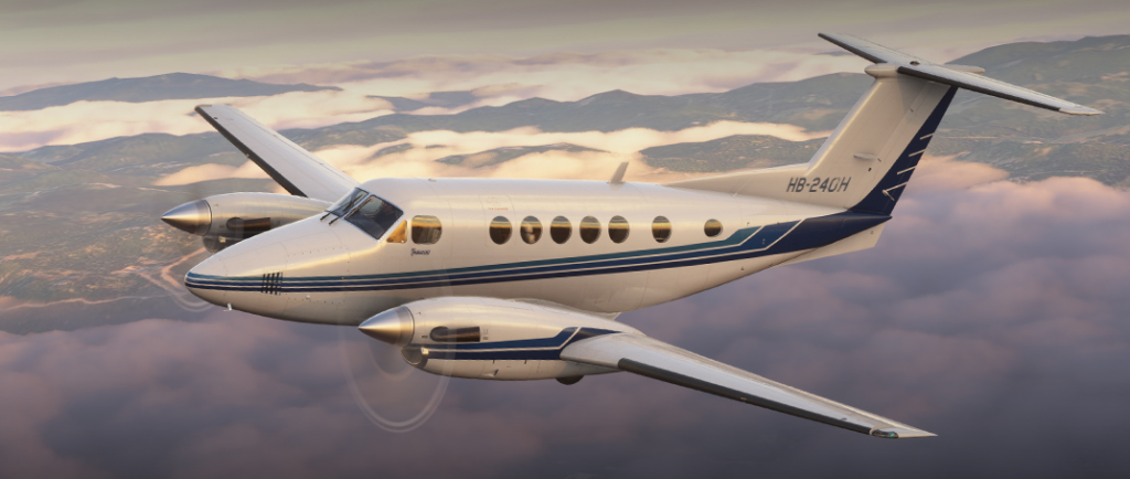 Carenado B200 cruising in flight above clouds in Microsoft Flight Simulator 2024