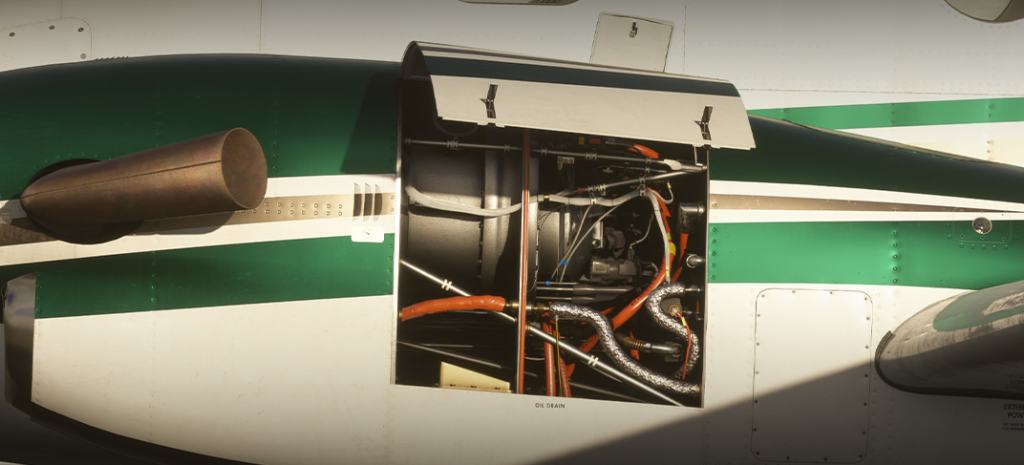 Carenado B200 open engine panel showing internal systems detail in MSFS 2024