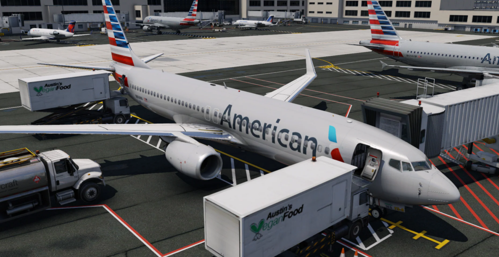 Zibo Boeing 737-800 American at airport gate in X-Plane with ground services
