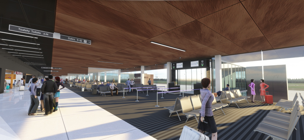 Interior of EPSC Szczecin Airport terminal with passengers in Microsoft Flight Simulator scenery