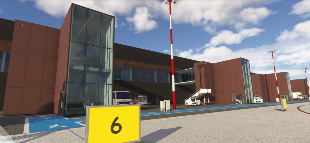 Close-up of EPSC Szczecin Airport terminal gates and jetways in MSFS scenery by Drzewiecki Design