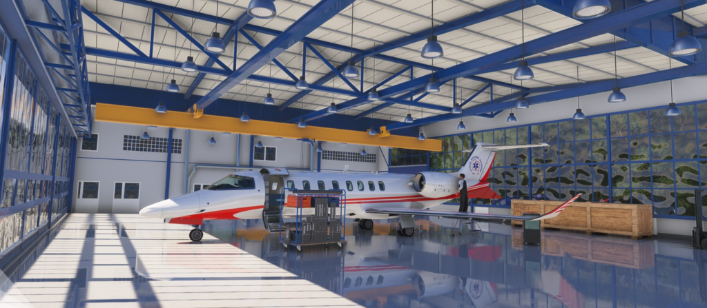 Aircraft maintenance hangar interior at Szczecin Goleniów Airport in MSFS 2024 scenery