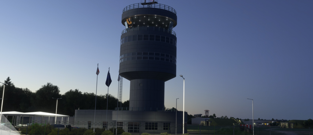 Szczecin Goleniów Airport control tower at night in MSFS 2020 scenery by Drzewiecki Design