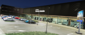 Szczecin Goleniów Airport terminal exterior at night (EPSC) in Microsoft Flight Simulator scenery by Drzewiecki Design