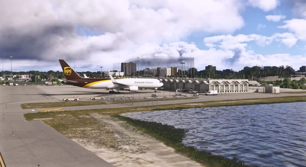 A UPS Boeing 767 at Palm Beach International KPBI in Microsoft Flight Simulator. 