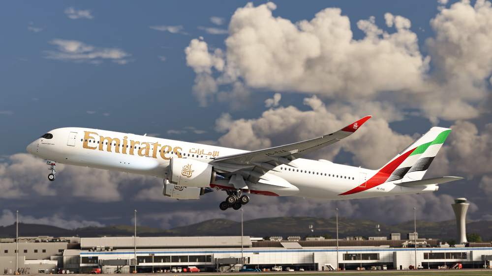 Emirates Airbus A350-900 landing in Microsoft Flight Simulator 2024 iniBuilds update