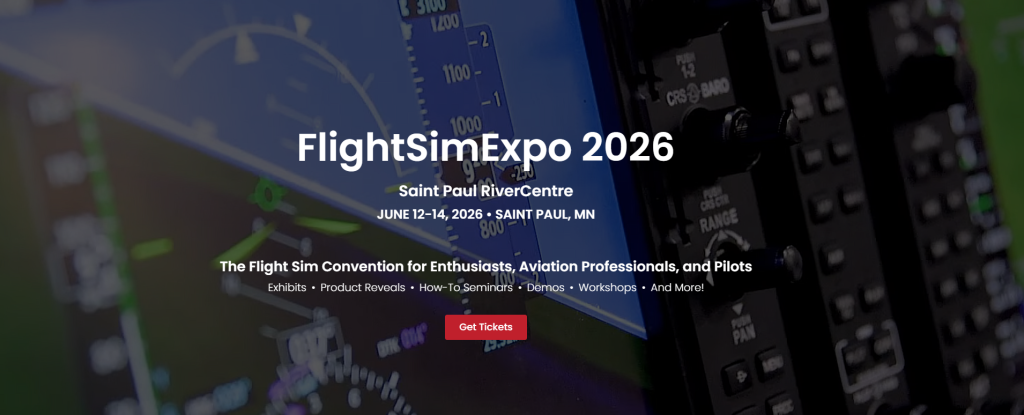 FlightSimExpo 2026 website banner showing flight simulator cockpit setup