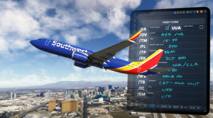 Navigraph Scratchpads PIREP template shown in Charts app during simulated KLAS departure