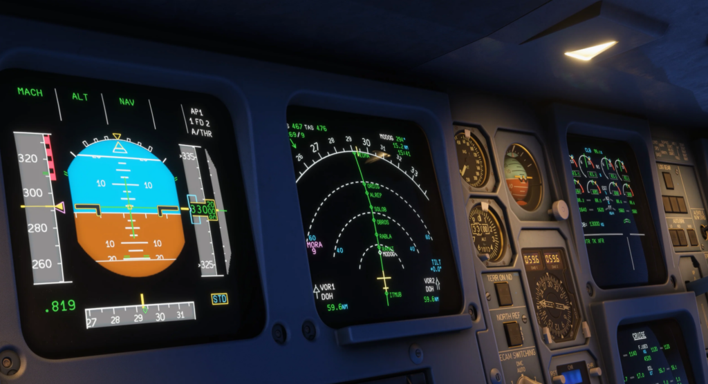 iniBuilds Airbus A340 flight deck displays in Microsoft Flight Simulator 2024