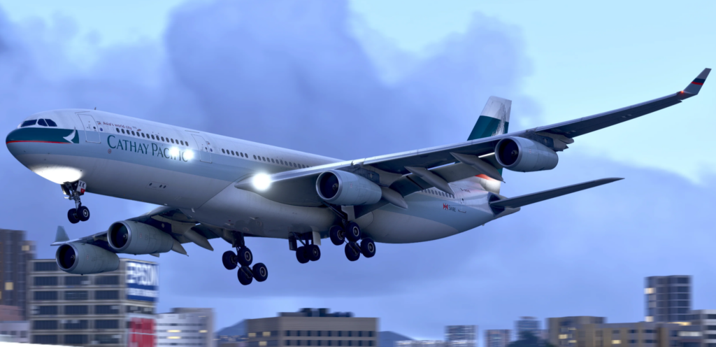 iniBuilds Airbus A340 approaching for landing in Microsoft Flight Simulator 2024