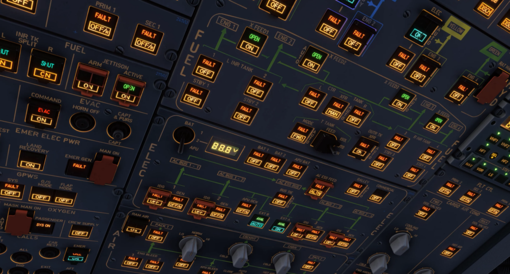 Airbus A340 overhead panel systems simulated by iniBuilds in MSFS 2024