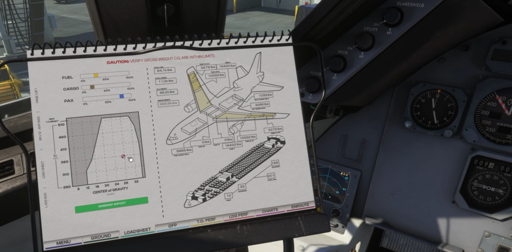 Digital clipboard in the iniBuilds L-1011 TriStar cockpit displaying the aircraft loadsheet and center of gravity chart in Microsoft Flight Simulator 2024.