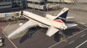 iniBuilds TriStar L1011 in Delta livery parked at airport gate in MSFS 2024 preview