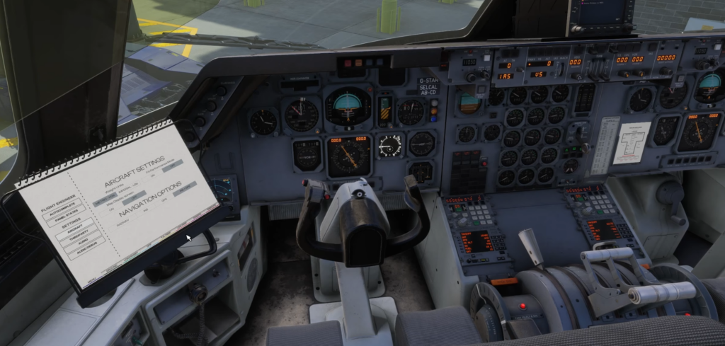 Electronic flight bag menu in the iniBuilds L-1011 cockpit showing aircraft settings and navigation options in Microsoft Flight Simulator 2024
