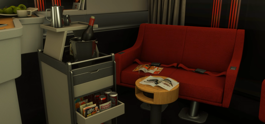 TriStar L1011 lounge and seating area interior in MSFS 2024 iniBuilds