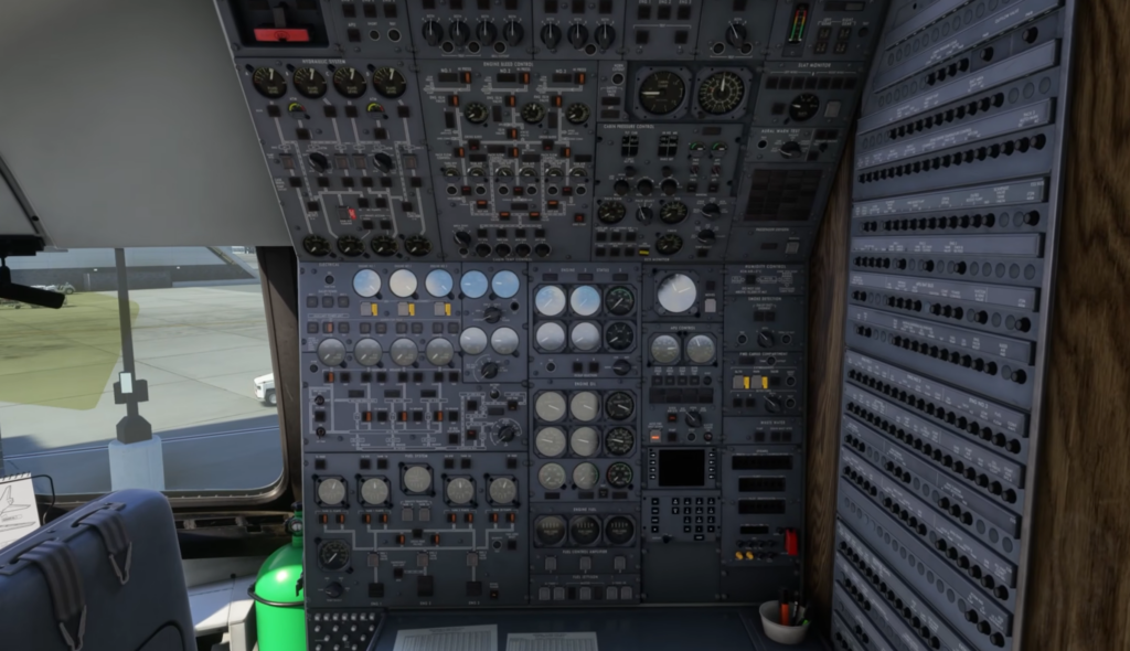 TriStar L1011 flight engineer panel cockpit detail in Microsoft Flight Simulator 2024 iniBuilds