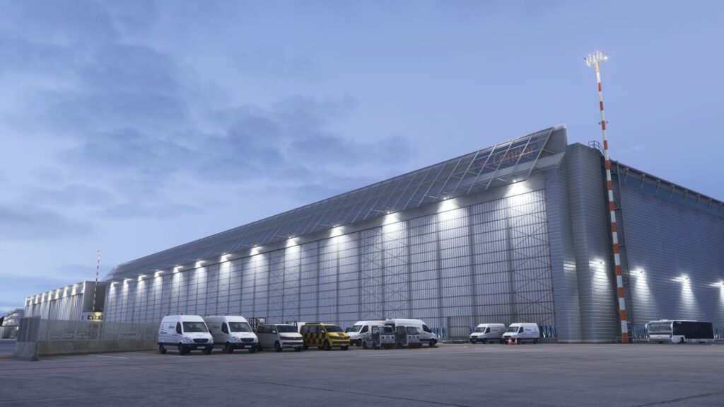 Detailed airport buildings included in MK Studios D&uuml;sseldorf Airport scenery for MSFS