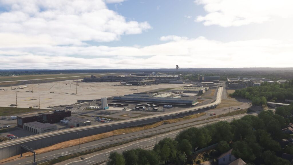 Aerial view of D&uuml;sseldorf Airport (EDDL) scenery by MK Studios in Microsoft Flight Simulator