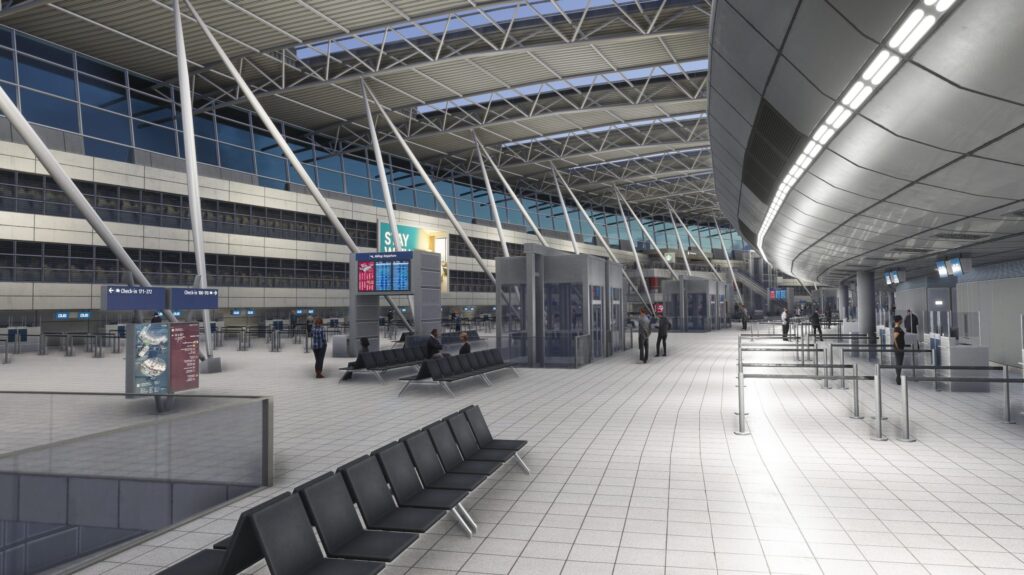 Interior of D&uuml;sseldorf Airport terminal recreated in MK Studios MSFS scenery
