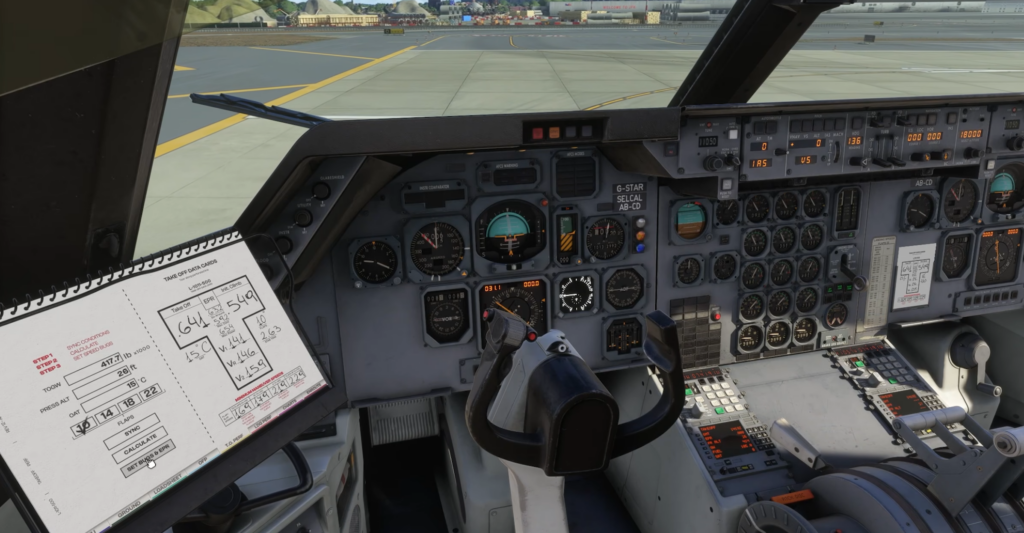 Captain's view of the iniBuilds L-1011 TriStar cockpit instruments and electronic flight bag showing takeoff data calculations in Microsoft Flight Simulator 2024.