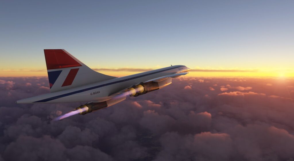 DC Designs Concorde in British Airways livery flying at sunset with afterburners active in MSFS 2024