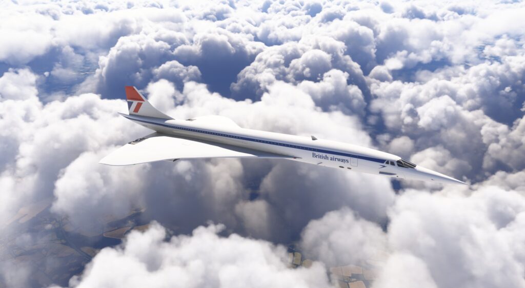 DC Designs Concorde for MSFS 2024 in British Airways livery cruising above clouds, showcasing the iconic supersonic airliner