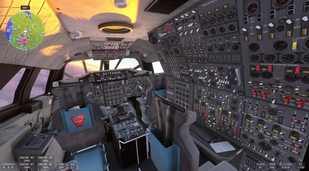 DC Designs Concorde flight engineer panel in MSFS 2024 featuring complex systems, switches, and detailed controls at sunset