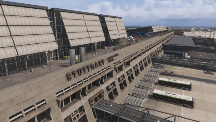Stuttgart Airport EDDS terminal exterior MSFS 2024 Aerosoft scenery detailed building apron buses Germany