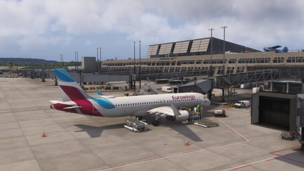 Aerosoft Stuttgart Airport apron Eurowings aircraft ground handling vehicles MSFS 2024 scenery operations