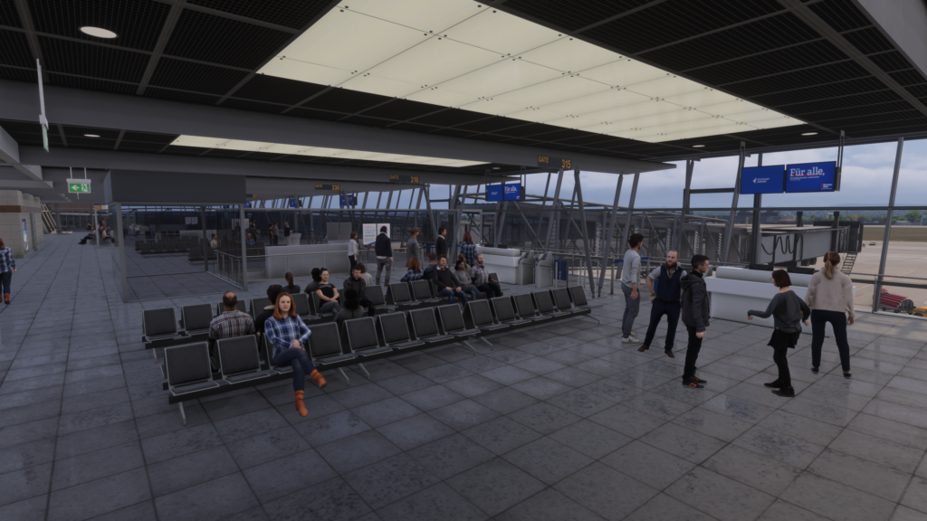 Aerosoft Stuttgart Airport departure lounge seating gate area passengers MSFS 2024 scenery interior detail