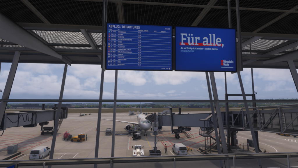 Stuttgart Airport terminal interior departure board gate area MSFS 2024 scenery passengers