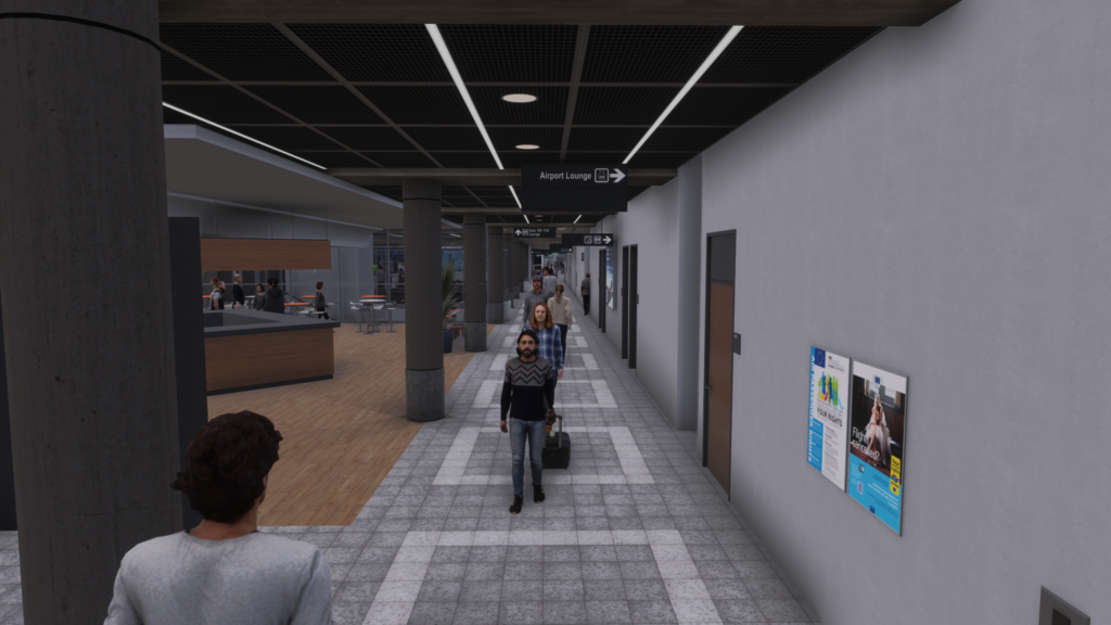 Stuttgart Airport terminal corridor interior passengers walking MSFS 2024 scenery realistic environment