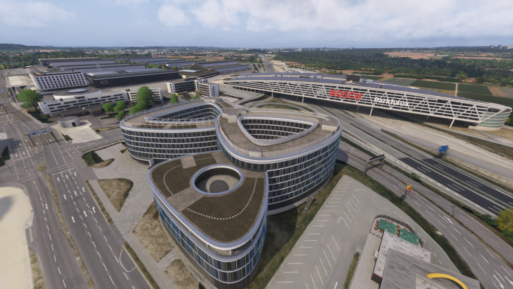 Aerosoft Stuttgart Airport modern architecture Bosch building exterior MSFS 2024 scenery detailed urban area Germany