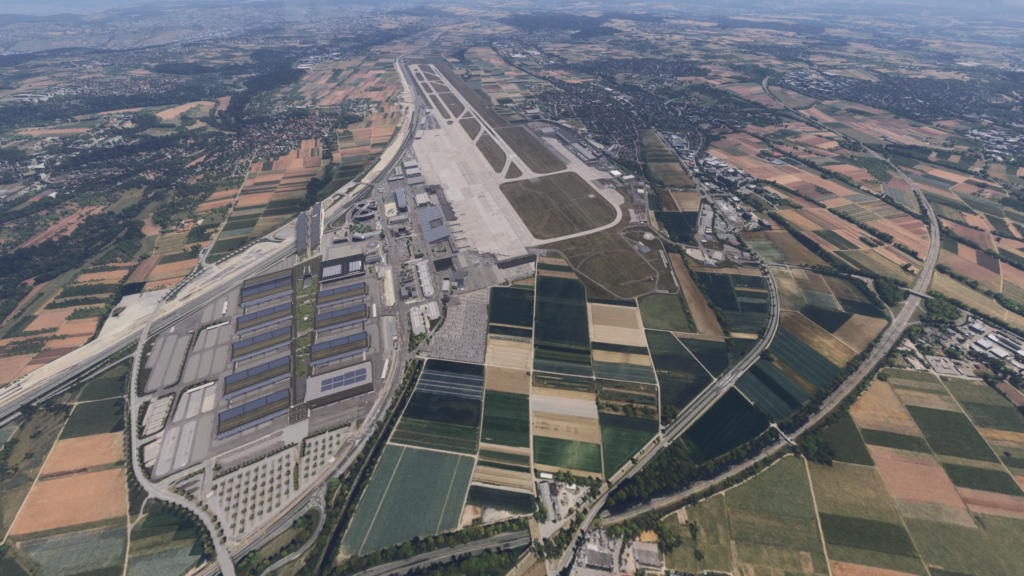 Aerosoft Stuttgart Airport EDDS aerial view daytime MSFS 2024 scenery detailed runway taxiways terminal Germanyft