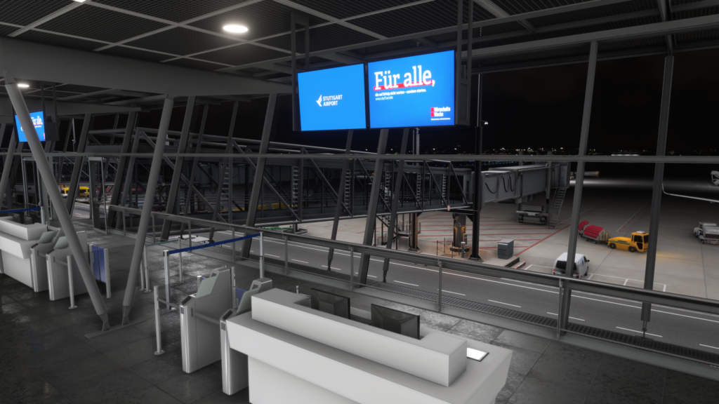 Aerosoft Stuttgart Airport night terminal interior lighting jetway apron MSFS 2024 scenery immersive