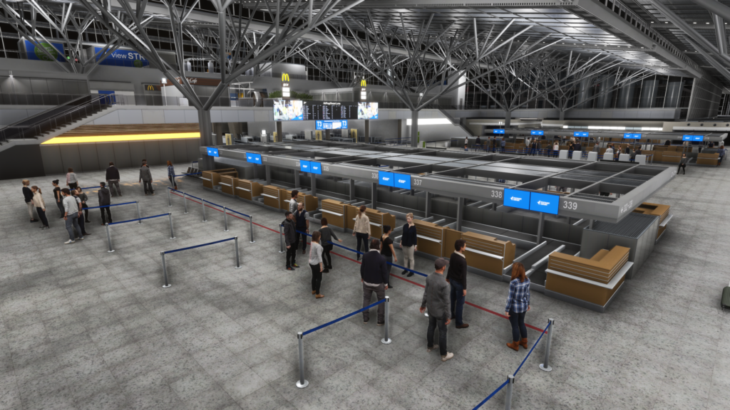 Aerosoft Stuttgart Airport check-in area counters passengers queue Microsoft Flight Simulator 2024
scenery terminal hall detail