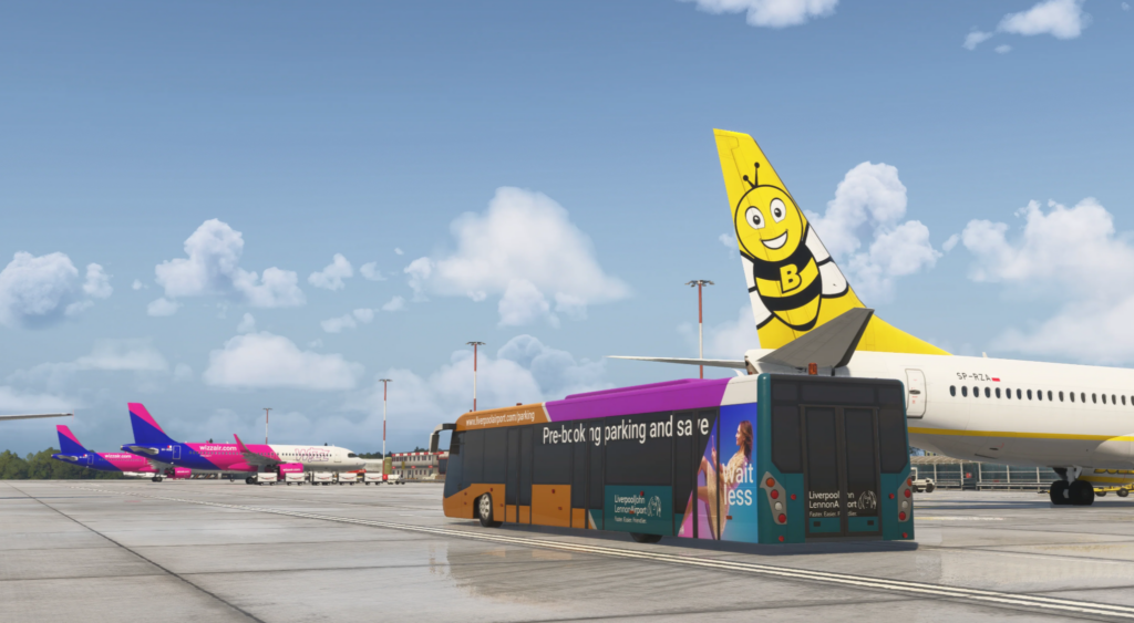 Liverpool John Lennon Airport EGGP MSFS 2024 apron scene with animated airside bus and aircraft ground operations by iniBuilds