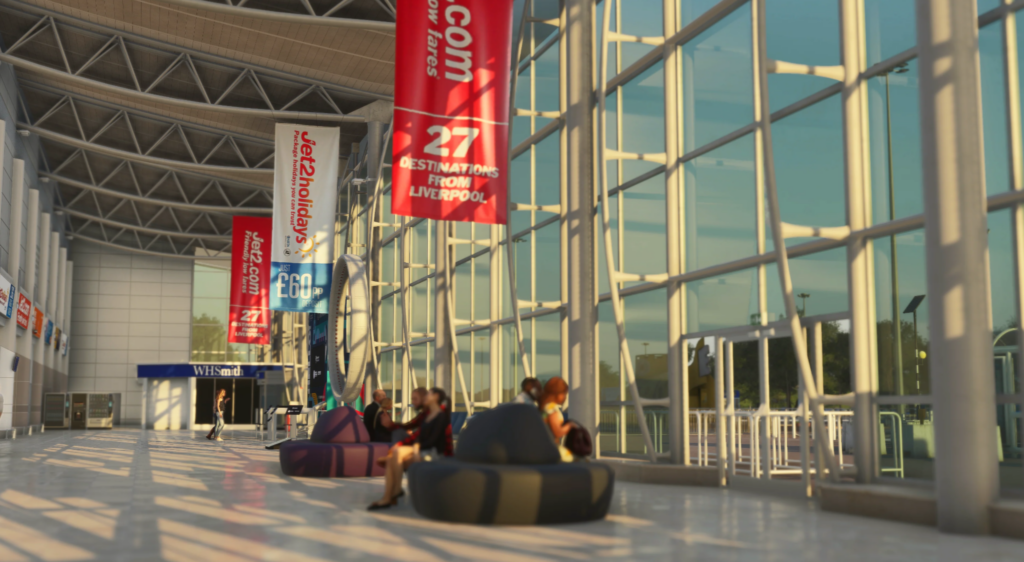 Liverpool John Lennon Airport EGGP MSFS 2024 terminal interior with passengers seating and detailed glass architecture by iniBuilds