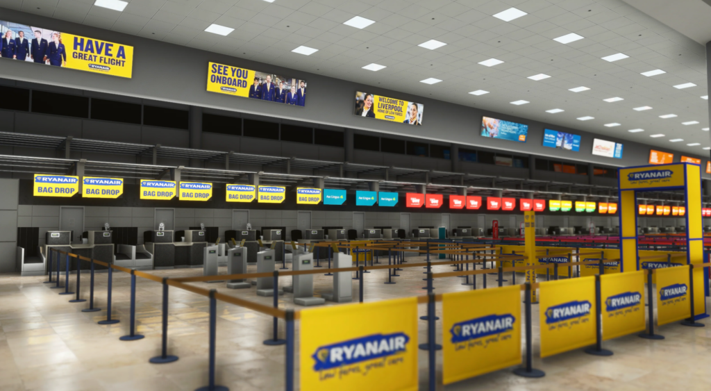 Liverpool John Lennon Airport EGGP MSFS 2024 check-in area with Ryanair desks and detailed terminal layout by iniBuilds