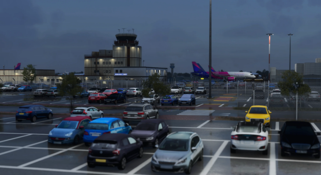 Liverpool John Lennon Airport EGGP MSFS 2024 night environment with parking area, vehicles and realistic lighting by iniBuilds