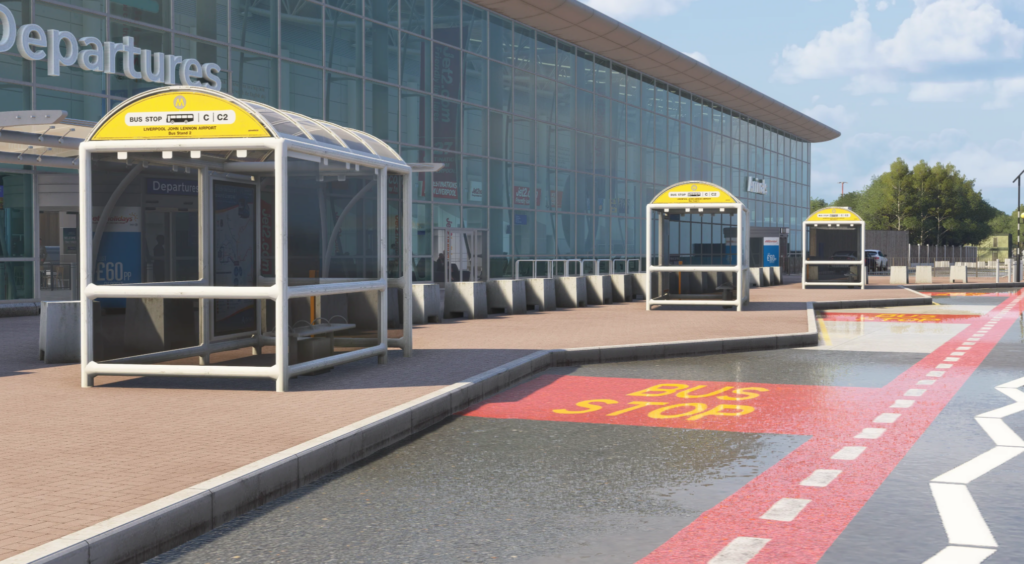 Liverpool John Lennon Airport EGGP MSFS 2024 bus stop and terminal exterior with detailed ground markings by iniBuilds