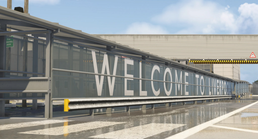 Liverpool John Lennon Airport EGGP MSFS 2024 welcome sign and terminal exterior detail with wet ground reflections by iniBuilds